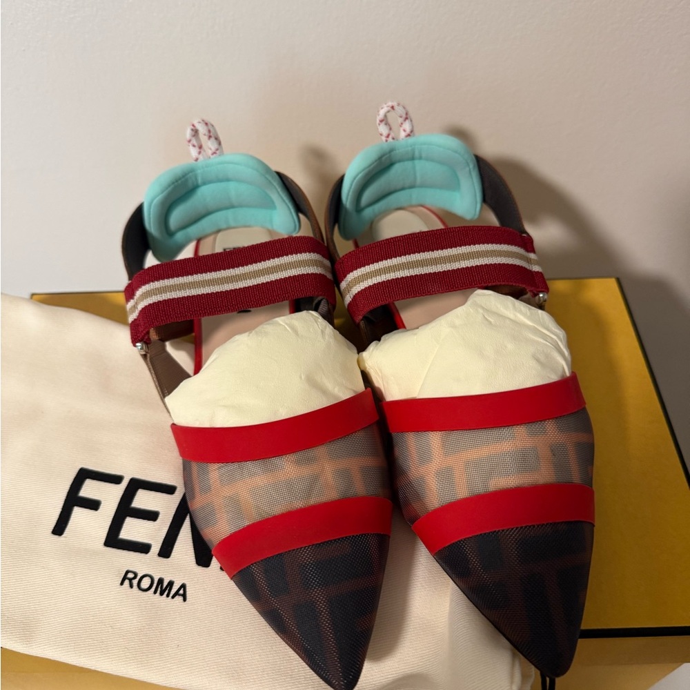 Fendi Multicolor Zucca Mesh- Fabric and Leather Colibri Slingback Flat Sandal